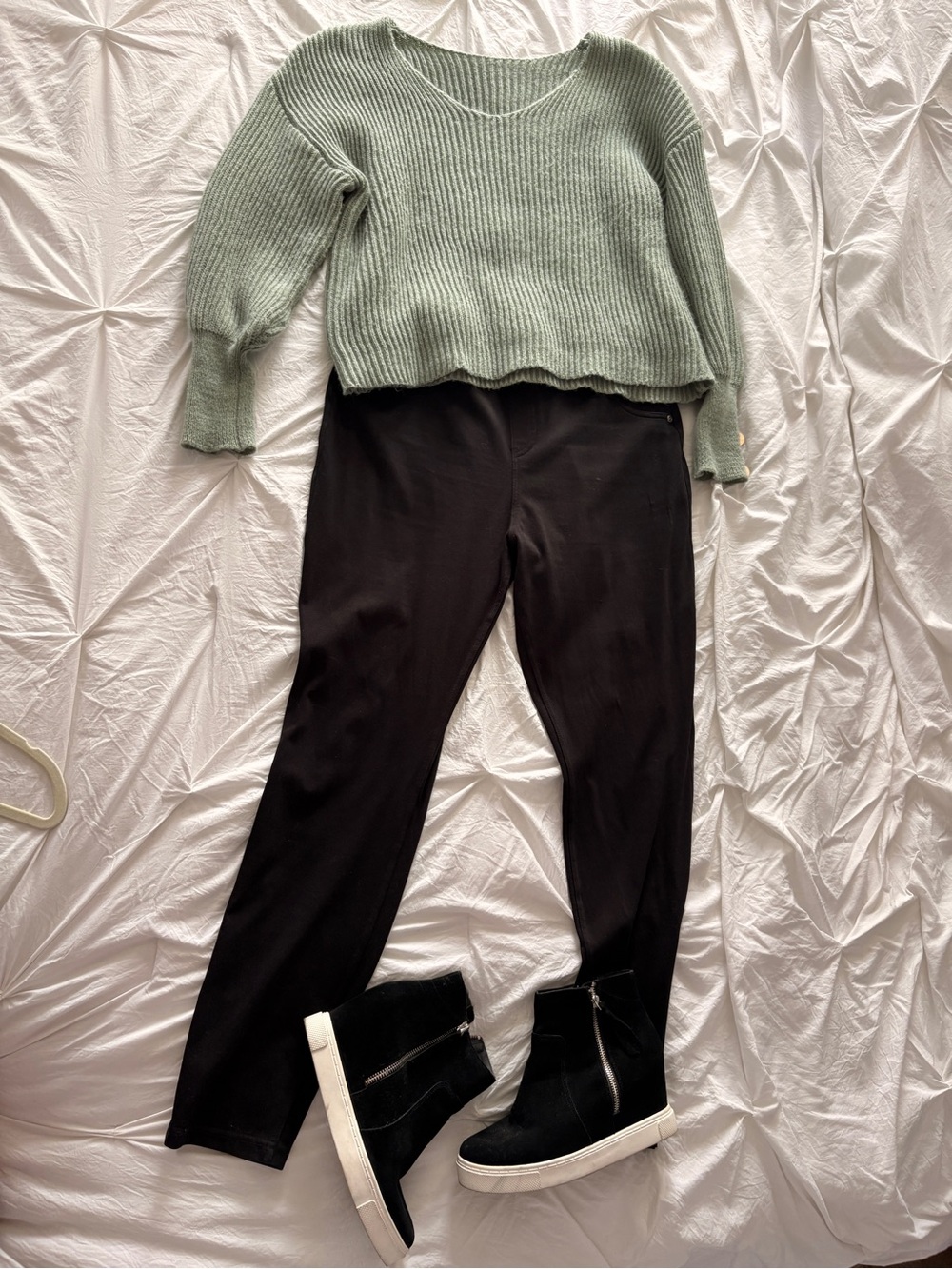 Neutral Capsule Outfit Bundle | Sage Sweater + Black Jeggings + Suede Shoes
